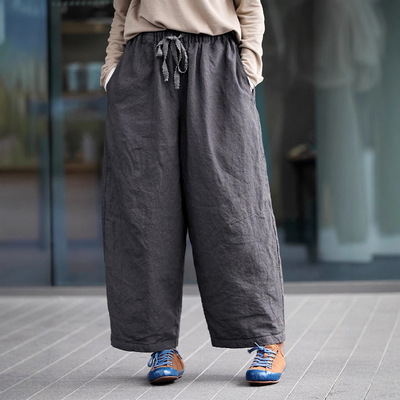 秋冬棉裤外穿女保暖 宽松丝麻夹棉保暖萝卜裤 文艺百搭