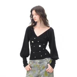 贝壳扣羊腿袖 AE30 V领长袖 褶皱拼接修身 上衣 SAINT