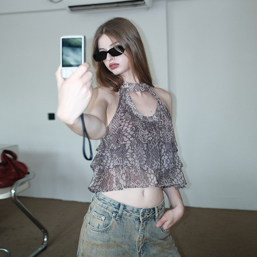 AE30 SAINT 蛇纹印花多层荷叶边挂脖背心上衣