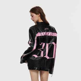 运动球衣外套 黑粉撞色拼接系带皮衣 2024AW Saint AE30