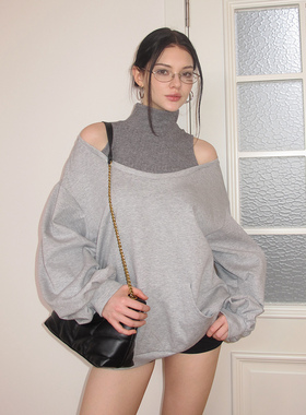 AE30 Saint 假两件露肩套头高领卫衣 拼接一字领宽松慵懒休闲上衣