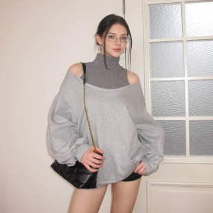 拼接一字领宽松慵懒休闲上衣 假两件露肩套头高领卫衣 AE30 Saint