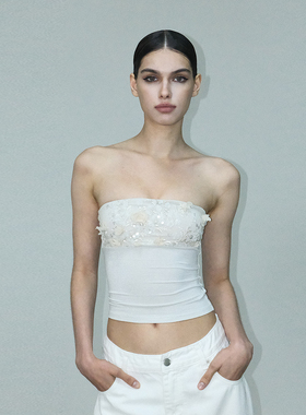 AE30 Saint 亮片刺绣钉珠网纱拼接抹胸上衣 细闪收腰显瘦背心