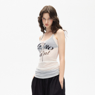 网纱无袖 半透白色印花吊带 透视工字背心 SAINT AE30