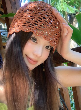 春夏手工编织亮片镂空针织钩花帽子女文艺百搭包头帽显脸小套头帽