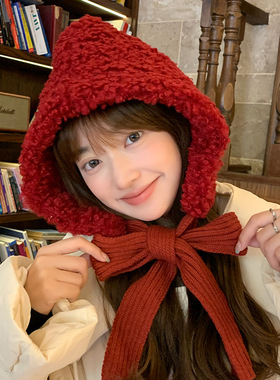 新年红色帽子女冬季大头围巴拉克拉法帽保暖绑带护耳针织帽毛线帽