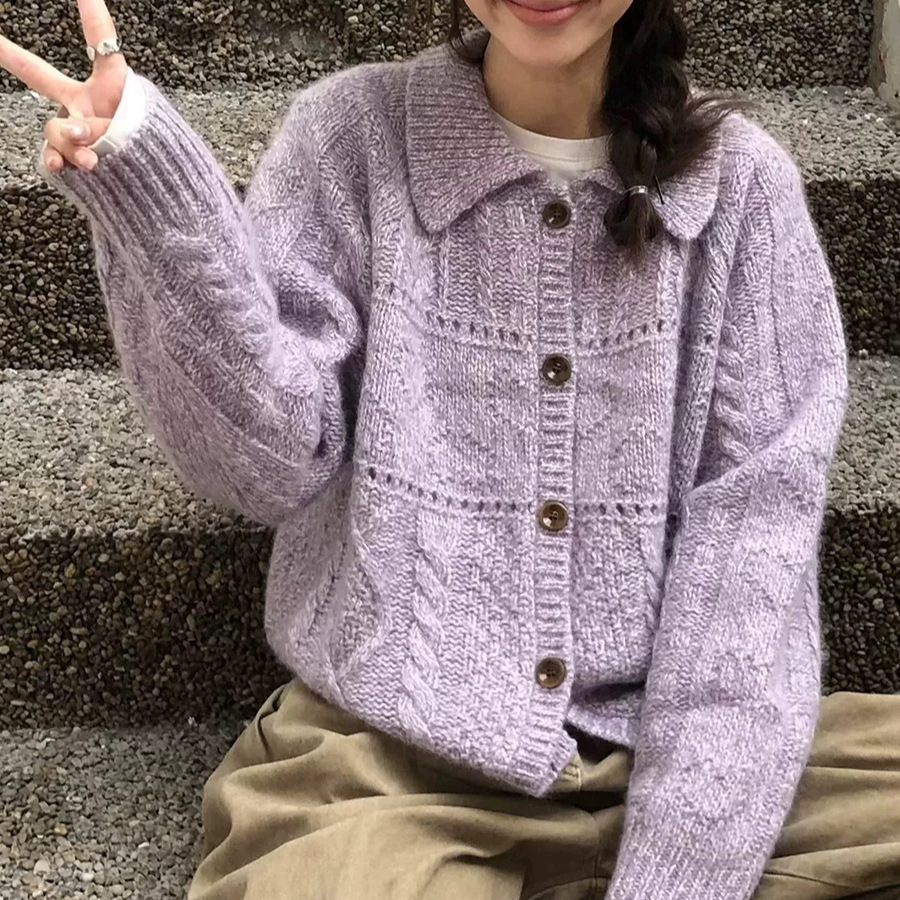 2025秋冬新款复古麻花翻领针织开衫女韩系宽松百搭慵懒风女式毛衣