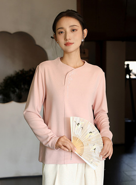 新中式女装冬季新款圆领德绒外穿打底衫女发热保暖刺绣内搭上衣