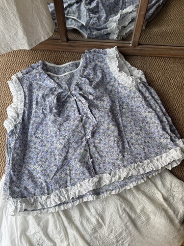 回忆森林韩系复古半身裙女春夏新款棉纱纯棉花边上衣无袖小衫碎花