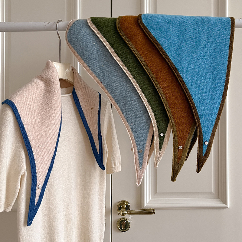 韩版撞色边交叉针织三角巾女护颈小围脖百搭保暖小领巾气质小坎肩