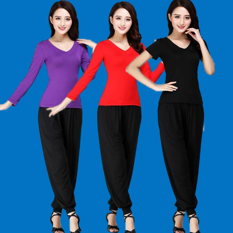 春夏莫代尔棉长短袖V领灯笼裤舞蹈瑜伽大码运动广场跳舞服套装