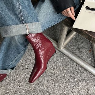 巨好看~手工订制真皮羊皮短靴女单靴坡跟中跟小方头百搭时尚秋冬