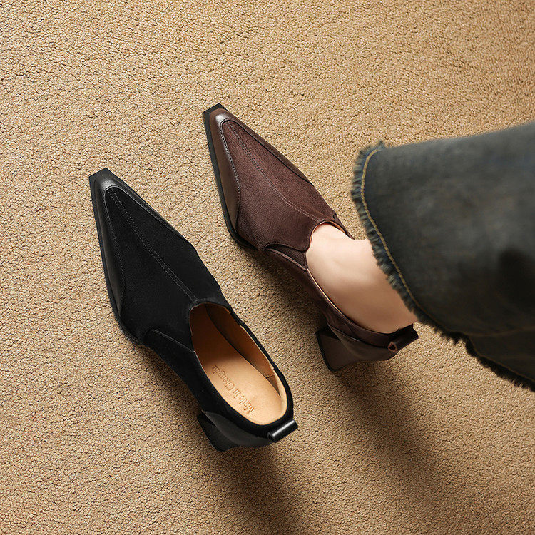 法式复古风真皮尖头深口单鞋女粗跟高跟一脚蹬气质不累脚时尚女