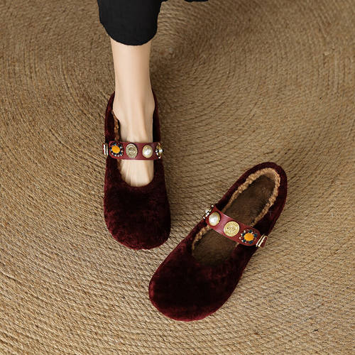 巨好看~加绒单鞋女羊毛一体低跟平底一字带金属扣保暖圆头办公室