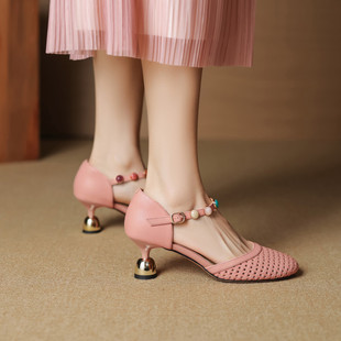 新品 细跟金属跟时尚 手工真皮包头凉鞋 女一字带中空圆头百搭 个性