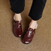 女包头外穿皮面低跟平底皮带扣女鞋 真皮加绒拖鞋 秋冬新品 巨好穿