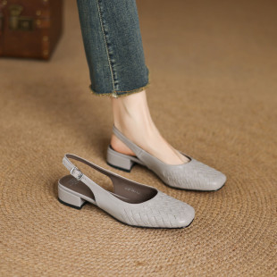 欧美风真皮羊皮编织包头凉鞋女夏粗跟方头后绊带百搭女鞋灰色新品