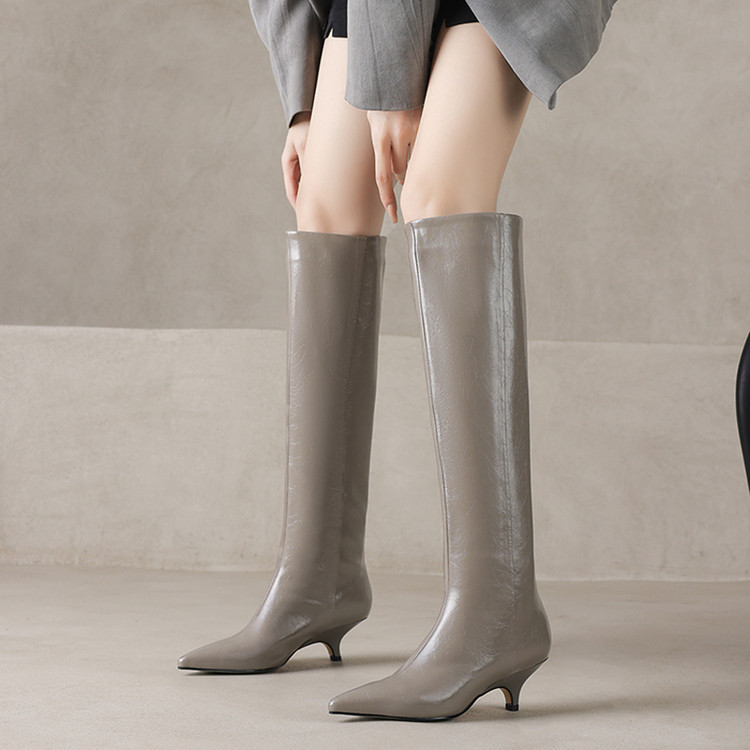 气质真皮细跟高筒长靴女尖头直筒靴百搭瘦瘦靴中跟小跟百搭灰色