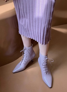 2025秋冬真皮短靴女单靴前系带中高跟6厘米尖头马丁靴香宇紫色女