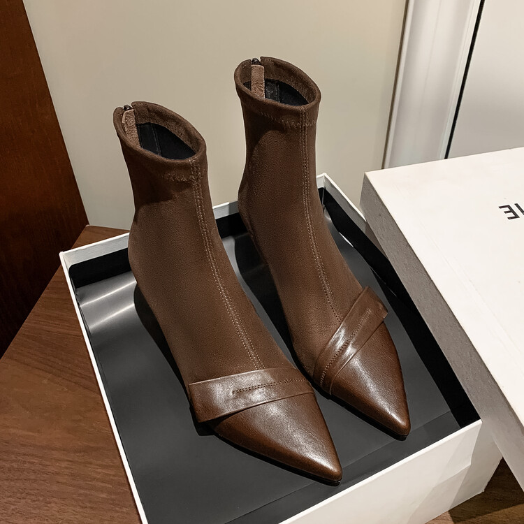 韩版气质~真皮拼接短靴女单靴弹力靴接色细高跟百搭时尚40-42码