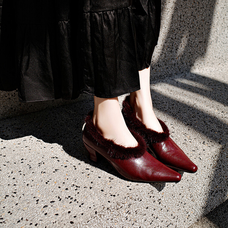 奢华复古~加绒深口单鞋女方头个性毛毛鞋秋冬新品洋气百搭时尚女