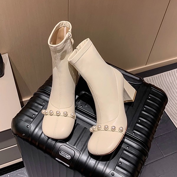 冬季短靴粗跟单靴欧美圆头珍珠