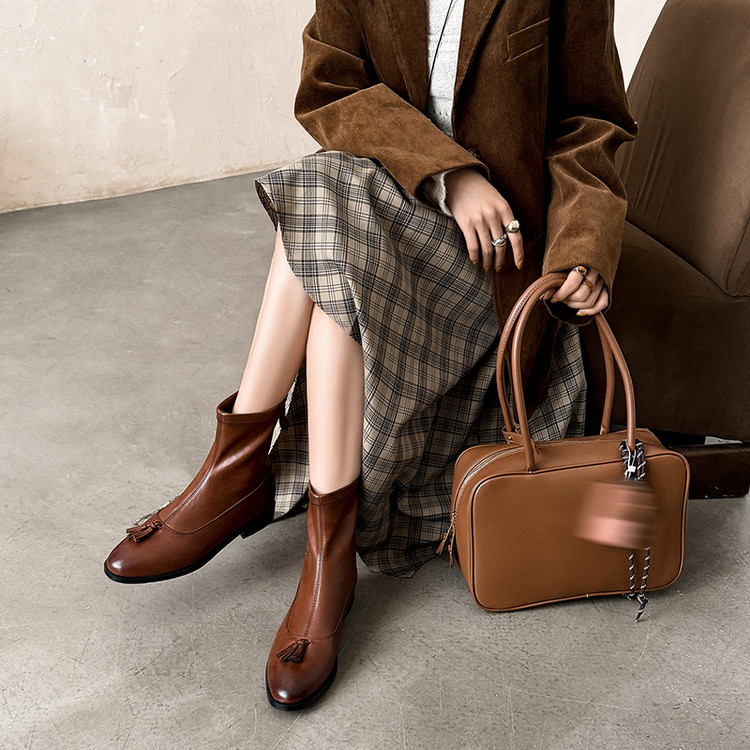 复古~真皮牛皮短靴女单靴圆头低跟平底流苏靴休闲百搭弹力秋冬