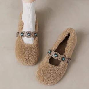 羊羔毛单鞋女~手工秋冬加绒保暖圆头一字带铆钉低跟平底毛毛鞋子