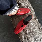 法式 质感纯皮 复古风真皮牛皮红色包头拖女平跟一脚蹬防滑穆勒鞋