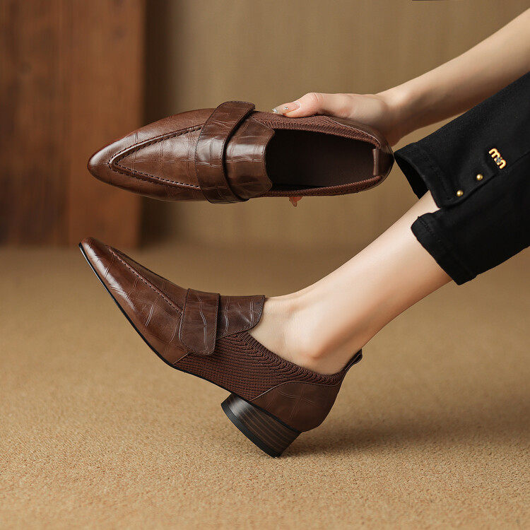 复古真皮牛皮单鞋女深口尖头低跟粗跟松紧带套脚百搭个性4041码,女鞋,深口单鞋,淘宝优惠券,粉丝福利购,淘宝优惠卷