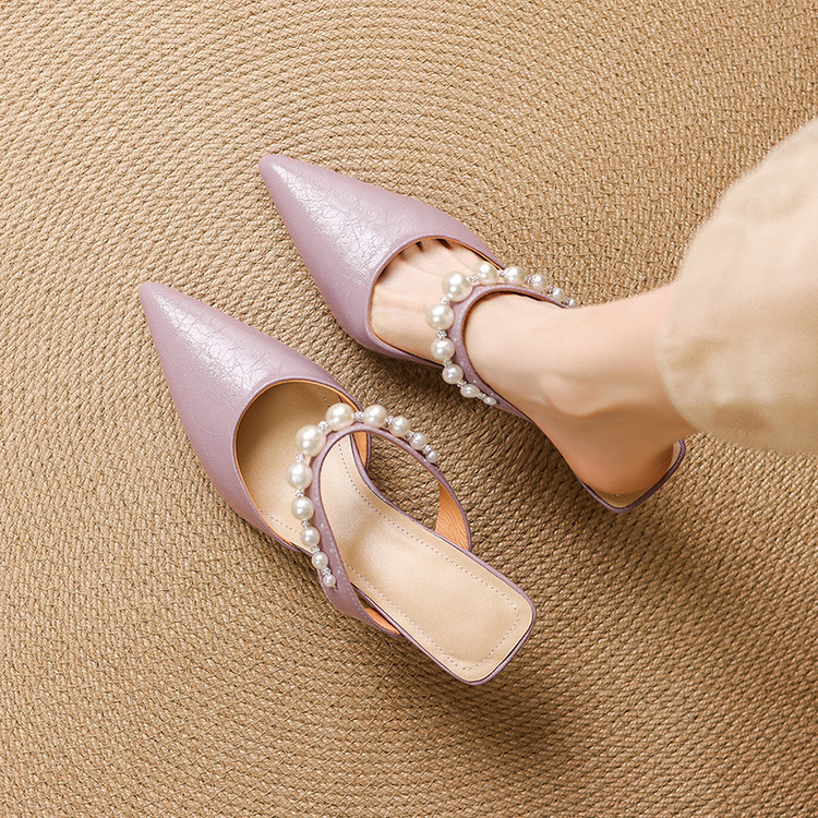 新品春夏~串珠时尚真皮尖头包头拖鞋女外穿凉拖细高跟紫色3340码