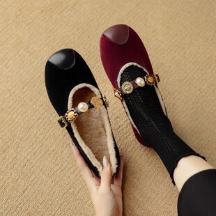 巨好看~加绒真皮羊皮单鞋女一字带低跟平底圆头时尚安可拉红秋冬