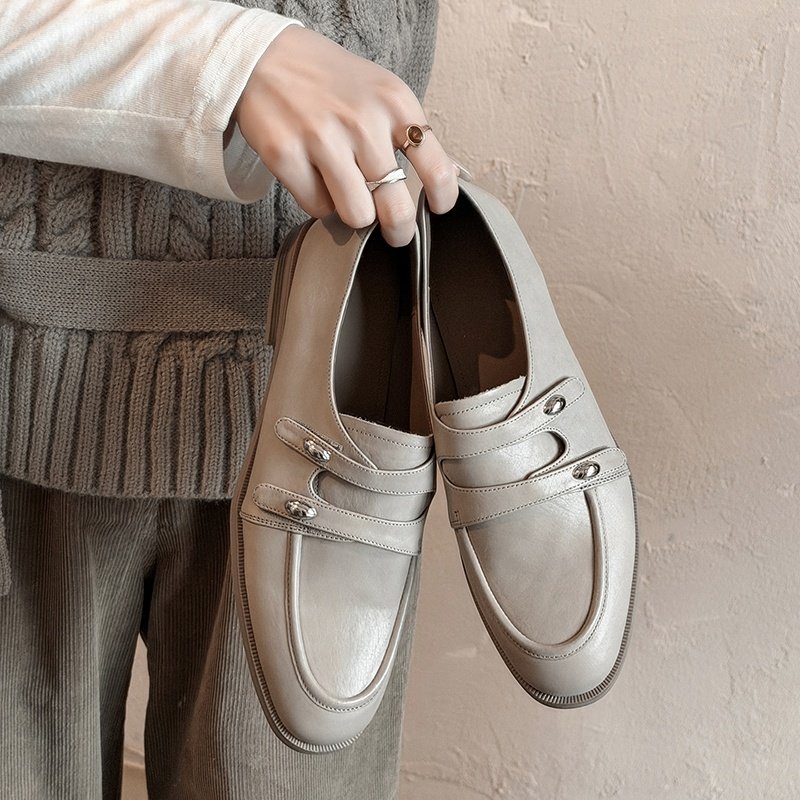 真皮英伦风乐福鞋女通勤一脚蹬圆头皮带扣平底单鞋金属扣灰色女鞋,女鞋,深口单鞋,淘宝优惠券,粉丝福利购,淘宝优惠卷