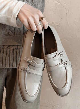 真皮英伦风乐福鞋女通勤一脚蹬圆头皮带扣平底单鞋金属扣灰色女鞋