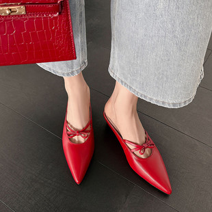 法式蝴蝶结真皮包头拖鞋女尖头内增高气质外穿一脚蹬防滑中跟夏天