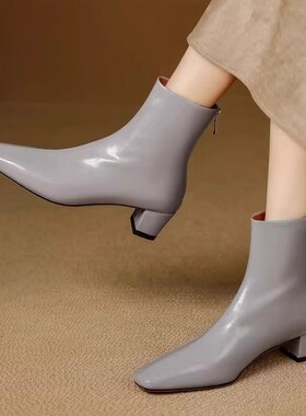 真皮法式灰色气质短靴女单靴2025年秋冬新款粗跟中跟方头百搭时尚