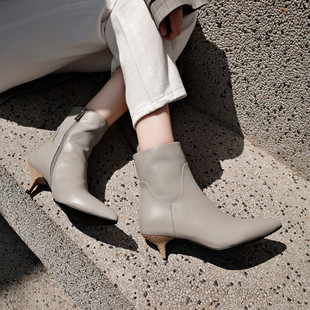气质~手工真皮短靴女单靴细跟5厘米中跟尖头灰色女靴早秋新品百搭
