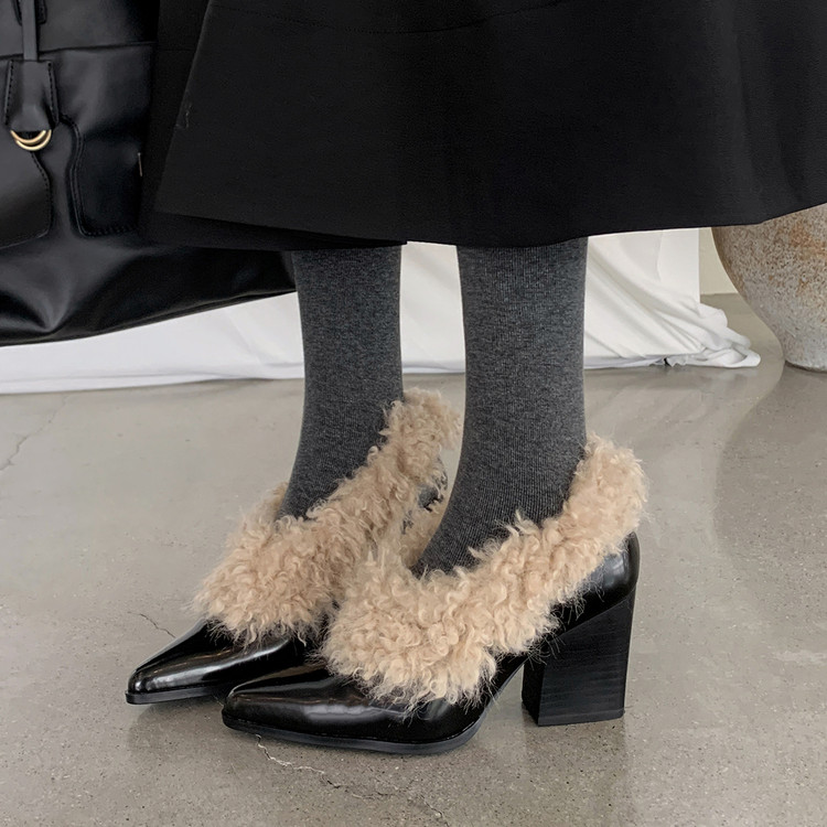 毛毛鞋女尖头粗跟高跟鞋一脚蹬加绒保暖深口单鞋新款开边珠牛皮