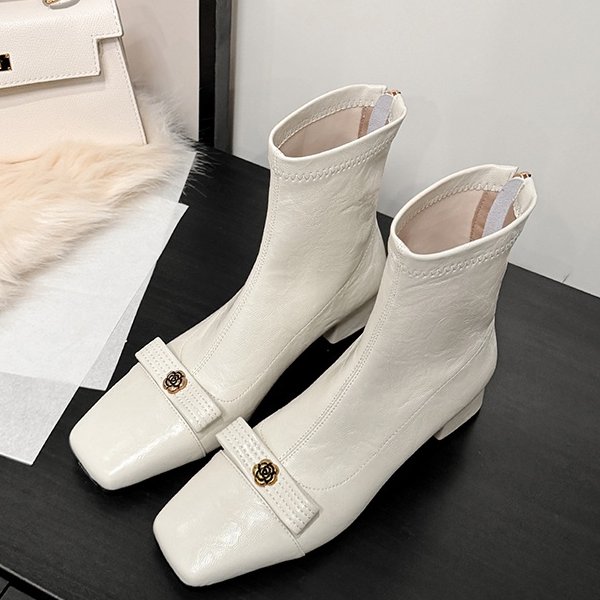 法式方头米白色短靴女冬季粗跟中跟时装靴瘦瘦靴蝴蝶结金属扣舒适,女鞋,时装靴,淘宝优惠券,粉丝福利购,淘宝优惠卷