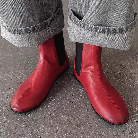 新品~复古红色真皮牛皮短靴女单靴圆头套筒低跟平底百搭舒适纯皮