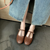 女圆头低跟平底T带丁字鞋 2024新款 真皮羊皮单鞋 气质百搭银色米白