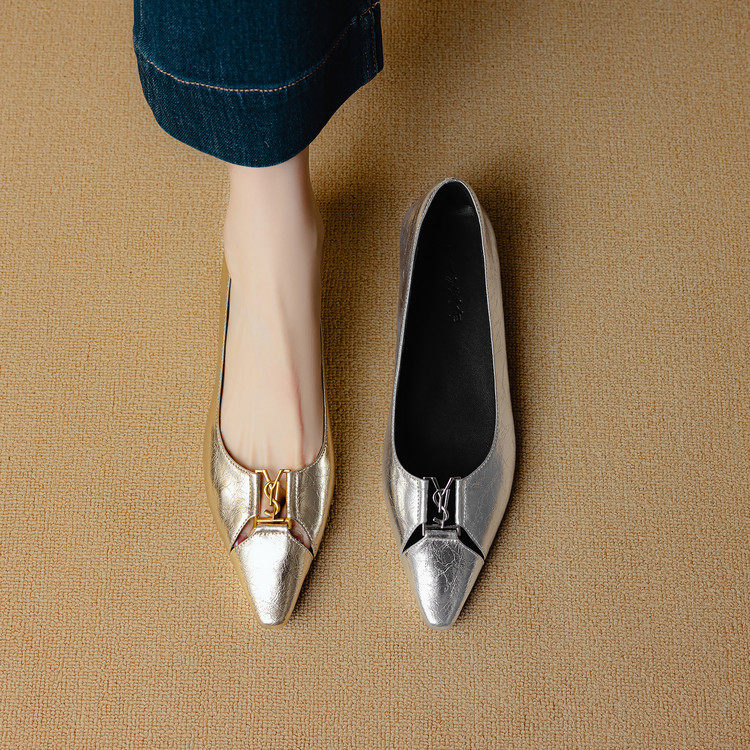 巨好看~手工订制真皮牛皮单鞋女低跟平底金属扣金色银色浅口百搭,女鞋,浅口单鞋,淘宝优惠券,粉丝福利购,淘宝优惠卷