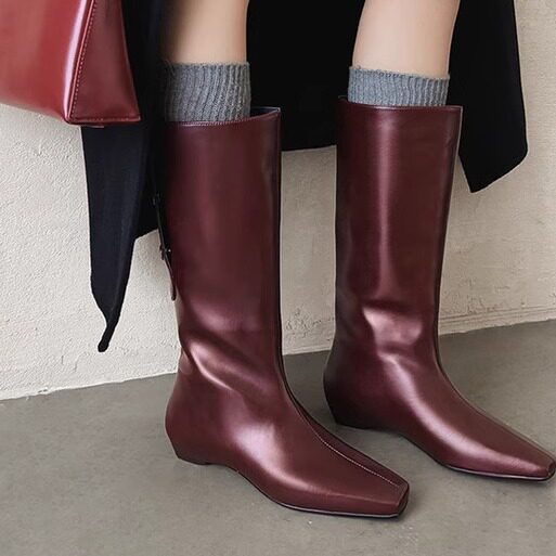 新品真皮牛皮高筒靴女长靴方头低跟平底套筒靴子不过膝时尚百搭