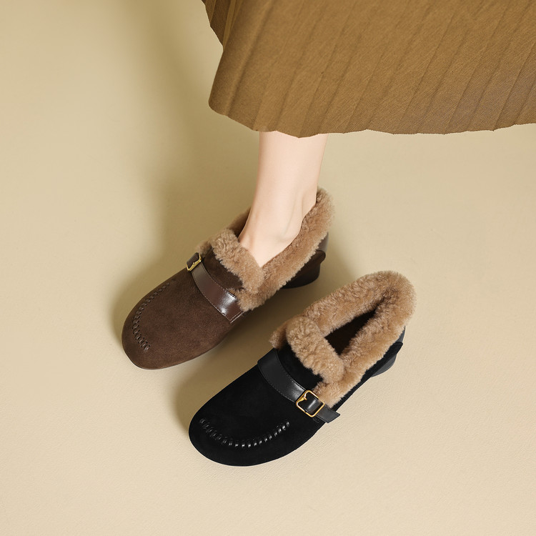 秋冬新品~真皮羊翻皮羊毛深口单鞋女皮带扣中跟粗跟圆头百搭磨砂