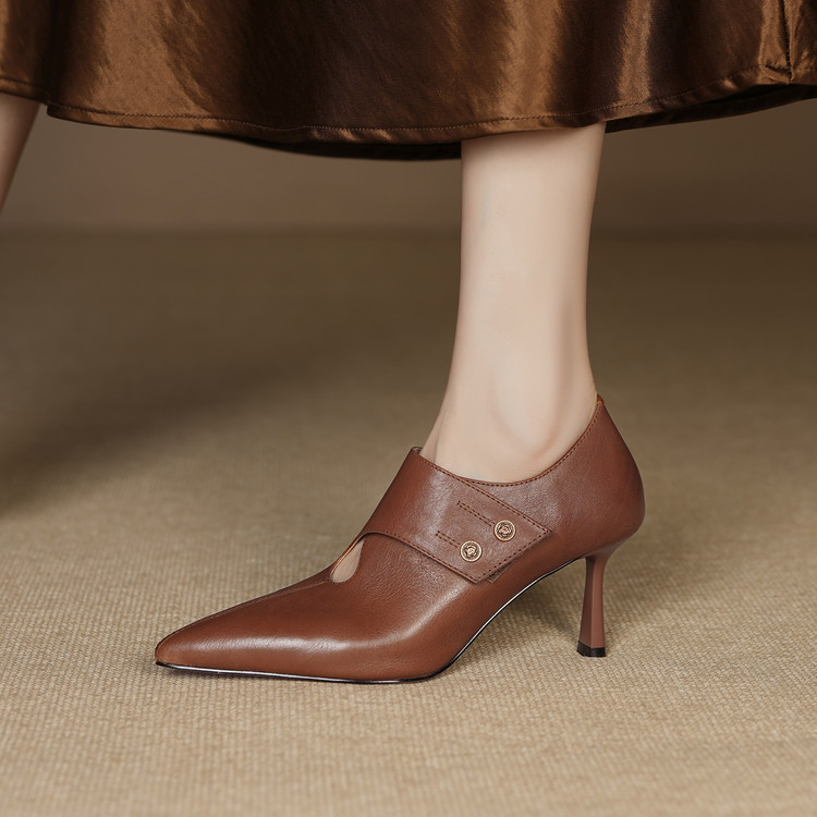 新品手工真皮头层牛皮尖头单鞋女气质细高跟深口侧拉链尖头洋气女