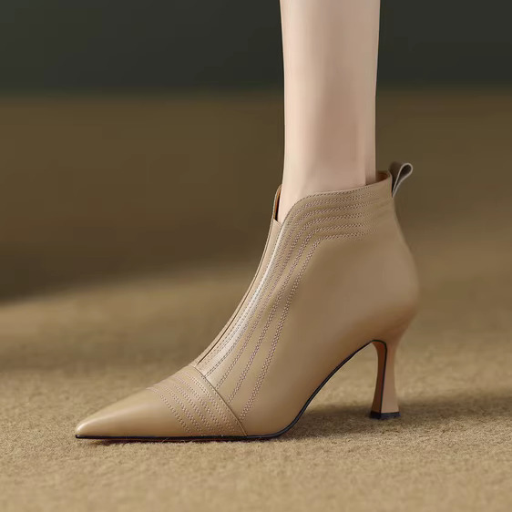 气质~巨好看真皮头层牛皮短靴女单靴裸靴尖头细高跟百搭杏色时尚