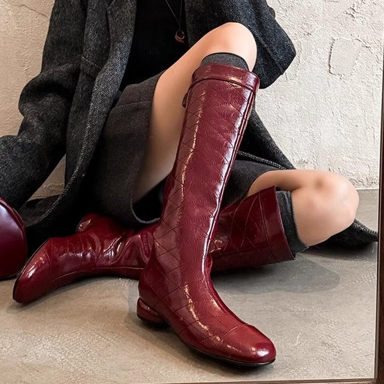 复古2025秋冬新款低跟粗跟真皮长靴女单靴圆头格子不过膝安可拉红