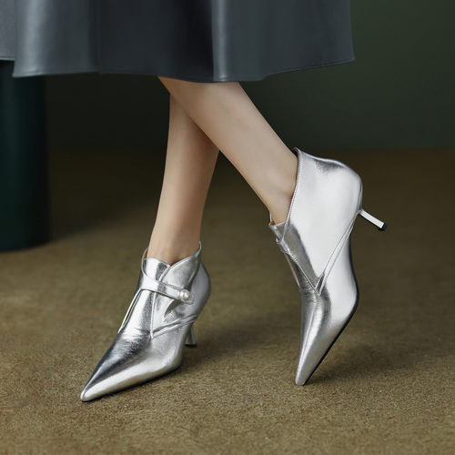 银色尖头细跟深口单鞋女真皮高跟皮带扣踝靴法式气质显瘦新品女鞋
