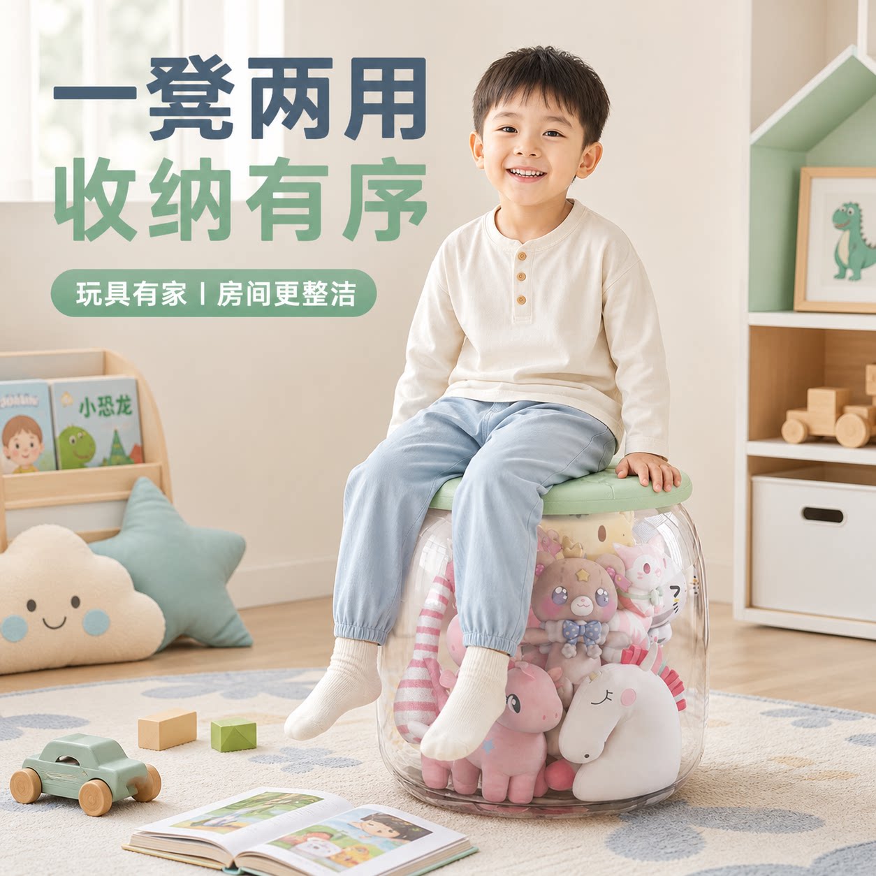 透明收纳凳儿童卡通可坐凳子透明换鞋凳塑料玩具储物凳收纳桶凳子