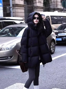 黑色云朵泡芙90白鸭绒羽绒服女中长款冬时尚宽松超轻加厚连帽外套